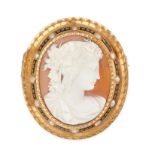 AN ANTIQUE FRENCH SHELL CAMEO, PEARL AND ENAMEL BROOCH in 18ct yellow gold, set with a shell came...