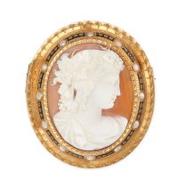 AN ANTIQUE FRENCH SHELL CAMEO, PEARL AND ENAMEL BROOCH in 18ct yellow gold, set with a shell came...