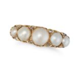 AN ANTIQUE PEARL AND DIAMOND RING in yellow gold, set with five half pearls accented by rose cut ...