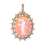 AN ANTIQUE DIAMOND AND CARNELIAN CAMEO PENDANT in yellow gold, set with a carved carnelian cameo ...