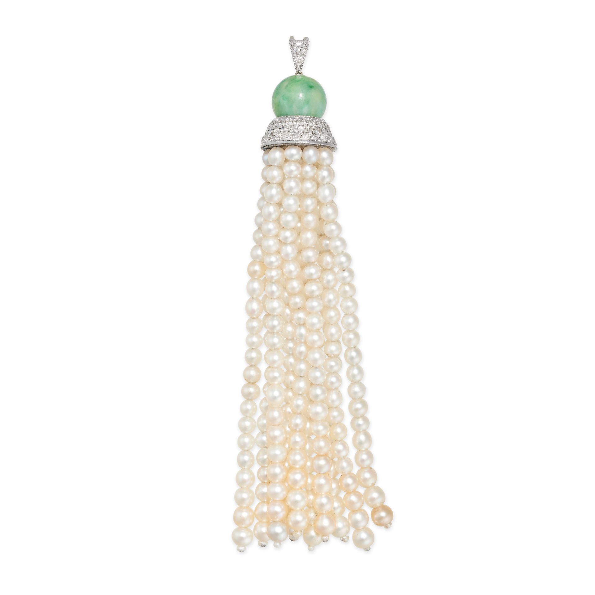 A NATURAL SALTWATER PEARL, JADEITE JADE AND DIAMOND TASSEL PENDANT in platinum and white gold, co...
