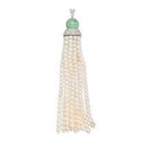 A NATURAL SALTWATER PEARL, JADEITE JADE AND DIAMOND TASSEL PENDANT in platinum and white gold, co...