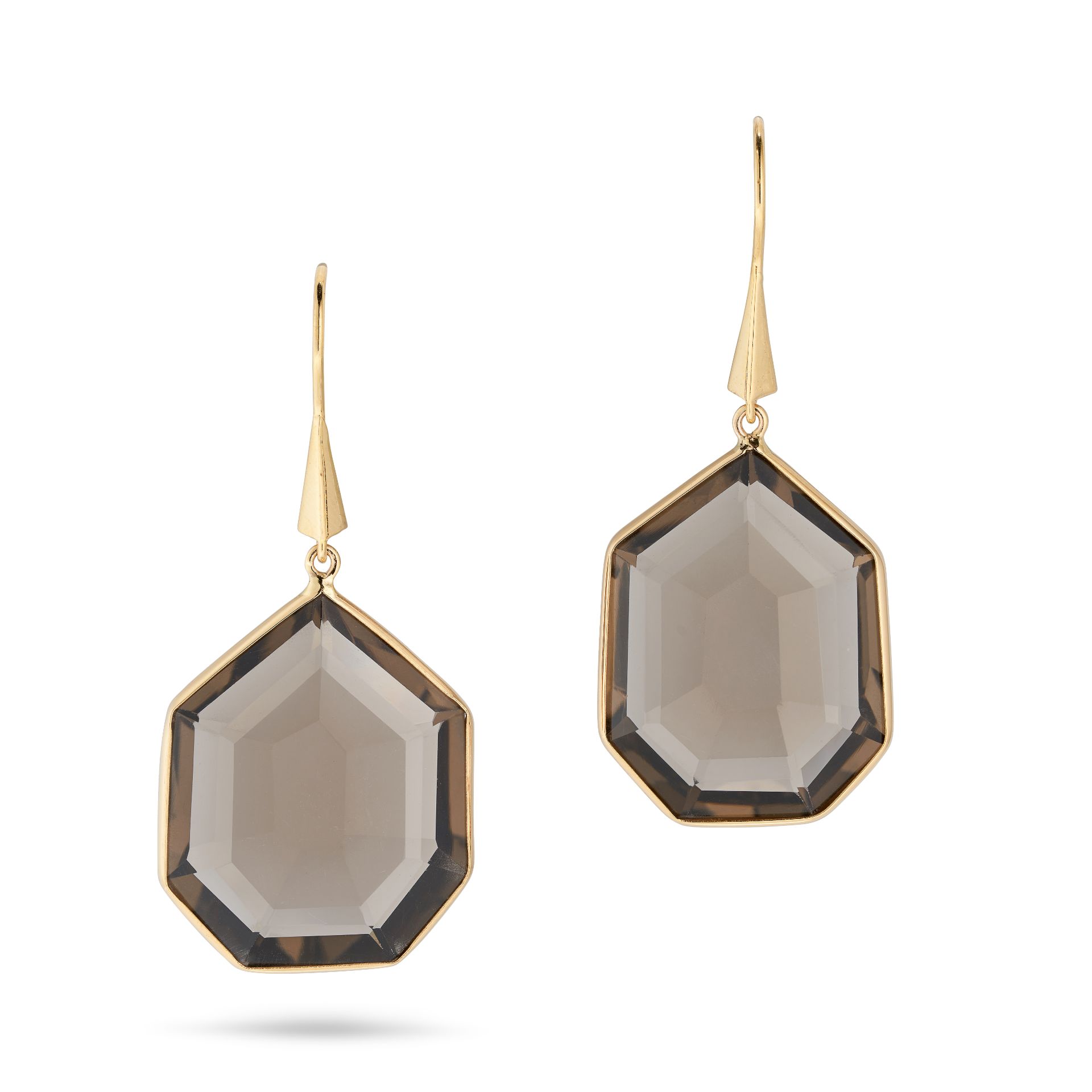 A PAIR OF SMOKY QUARTZ DROP EARRINGS in 18ct yellow gold, each set with a fancy cut smoky quartz,...