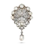 AN ANTIQUE NATURAL SALTWATER PEARL AND DIAMOND BROOCH in yellow gold and silver, designed as a sc...