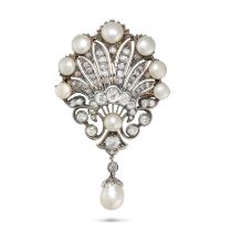 AN ANTIQUE NATURAL SALTWATER PEARL AND DIAMOND BROOCH in yellow gold and silver, designed as a sc...