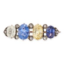 AN ANTIQUE RUSSIAN CEYLON NO HEAT SAPPHIRE AND DIAMOND BROOCH in yellow gold, set with a row of o...