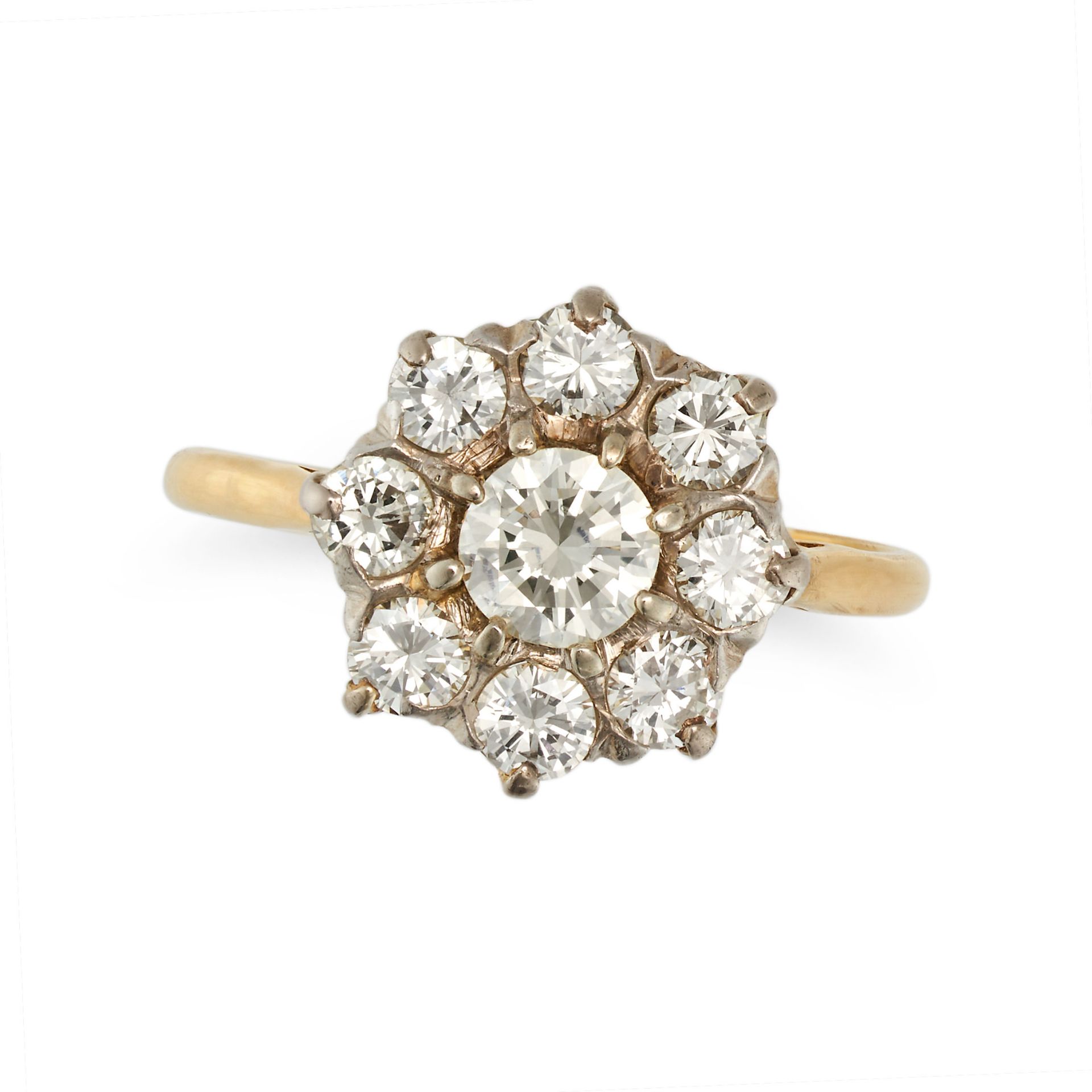 A DIAMOND CLUSTER RING in yellow gold, set with a cluster of round brilliant cut diamonds all tot...