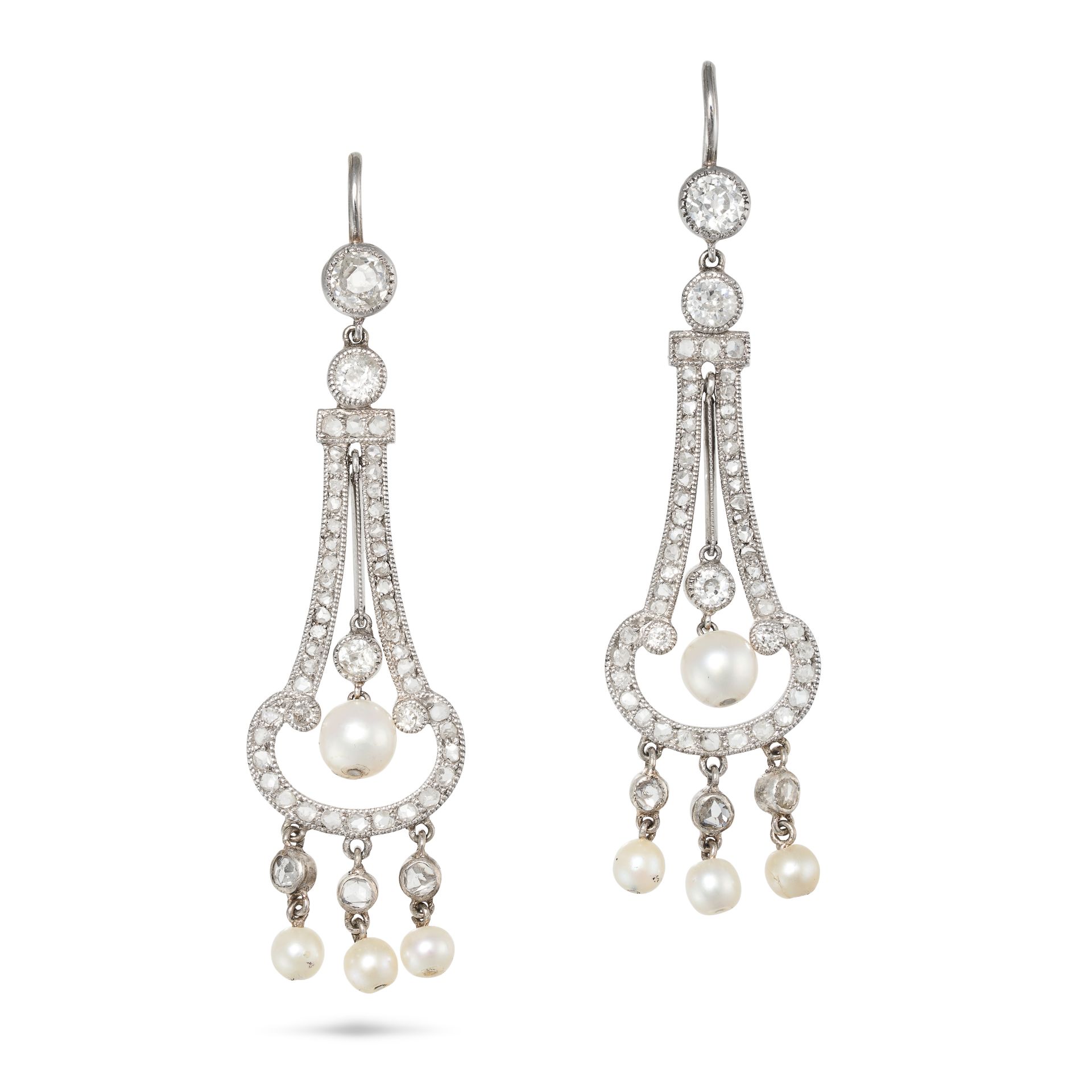 A PAIR OF PEARL AND DIAMOND DROP EARRINGS in white gold and platinum, each set with an old cut di...