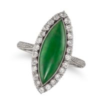 NO RESERVE - AN ART DECO JADEITE JADE AND DIAMOND RING in white gold, set with a navette shaped c...