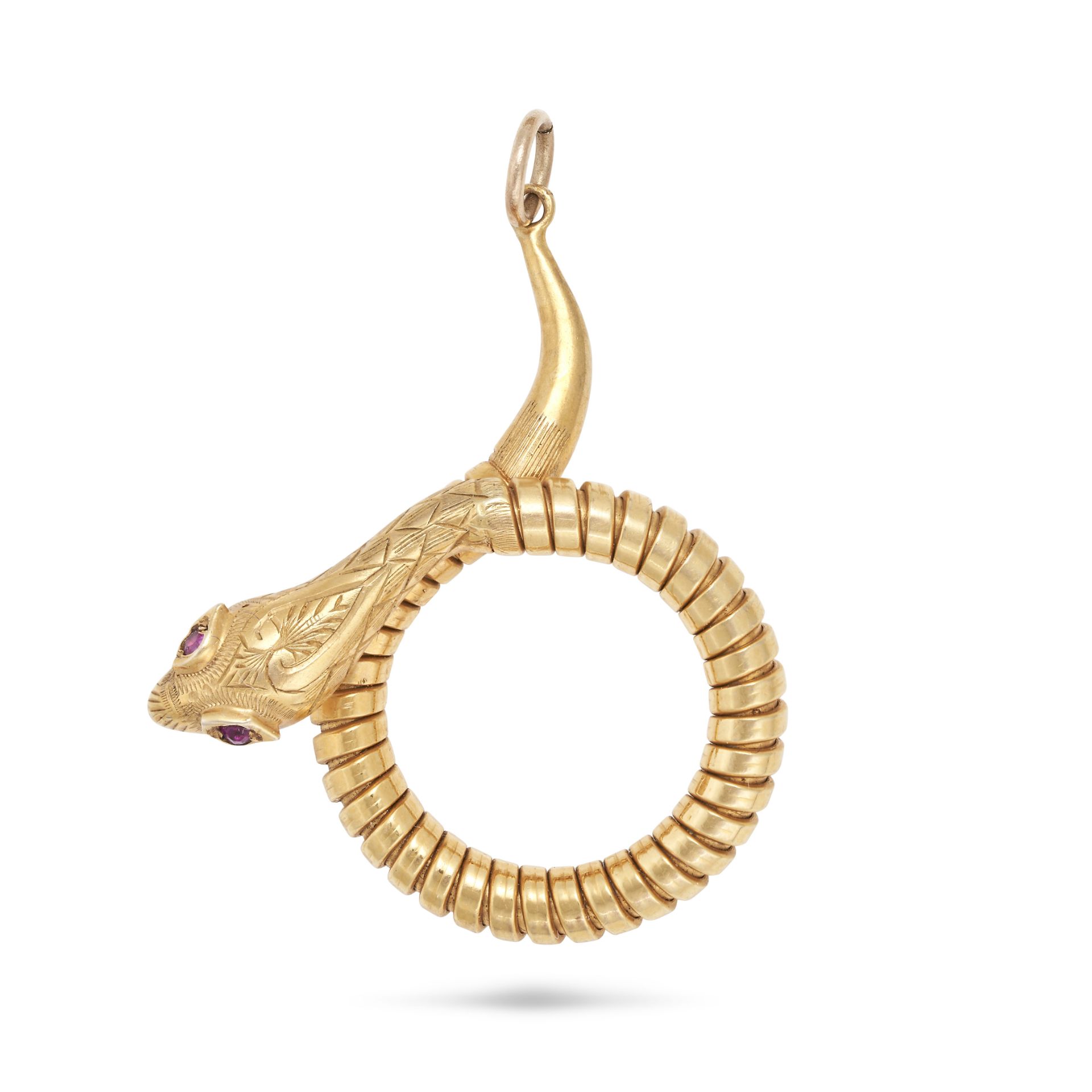 NO RESERVE - A RUBY SNAKE PENDANT in 9ct yellow gold, designed as a coiled snake with a gas pipe ...