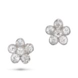 A PAIR OF DIAMOND CLUSTER STUD EARRINGS in white gold, each set with a floral cluster of old cut ...