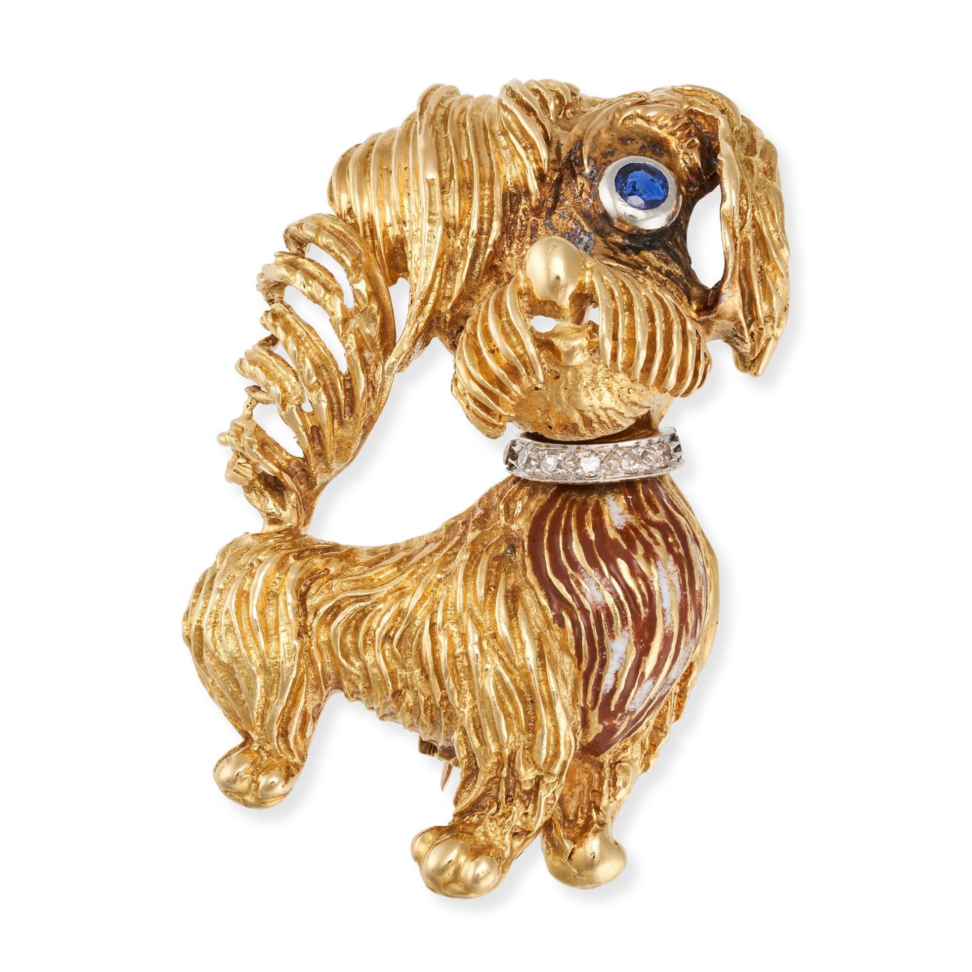 A VINTAGE SAPPHIRE AND DIAMOND DOG BROOCH in 18ct yellow gold, designed as a dog, the eye set wit...