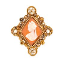 AN ANTIQUE VICTORIAN CARNELIAN, DIAMOND AND PEARL CAMEO BROOCH in 18ct yellow gold, set with a ki...