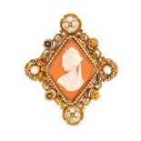AN ANTIQUE VICTORIAN CARNELIAN, DIAMOND AND PEARL CAMEO BROOCH in 18ct yellow gold, set with a ki...