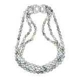 A THREE ROW TAHITIAN KESHI PEARL AND DIAMOND NECKLACE in 18ct white gold, comprising three rows o...