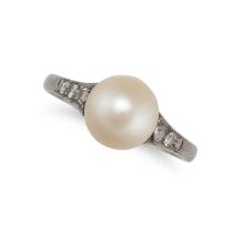 A PEARL AND DIAMOND RING in 18ct white gold, set with a pearl of 7.7mm, the shoulders set with tr...