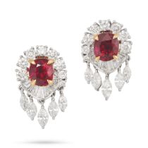 A PAIR OF PIGEON'S BLOOD BURMA NO HEAT RUBY AND DIAMOND EARRINGS in 18ct white gold, each set wit...