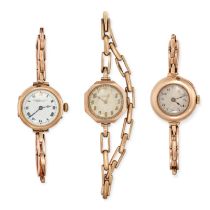 A MIXED LOT OF THREE ANTIQUE GOLD WATCHES comprising a Rolex in 9ct gold, the hexagonal case with...