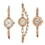 A MIXED LOT OF THREE ANTIQUE GOLD WATCHES comprising a Rolex in 9ct gold, the hexagonal case with...
