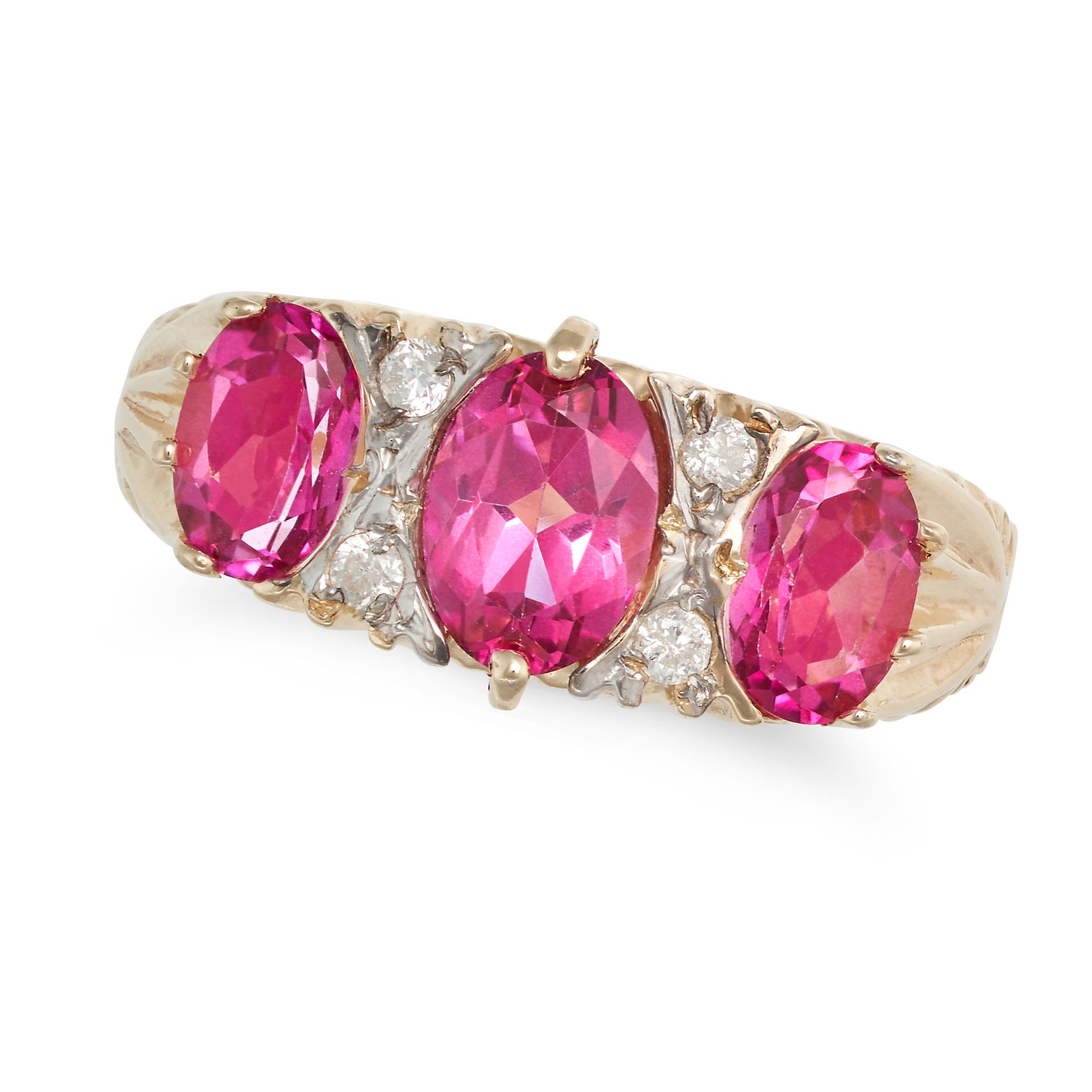 A PINK TOPAZ AND DIAMOND RING in 9ct yellow gold, set with three oval cut pink topaz, accented by...