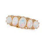 AN OPAL AND DIAMOND FIVE STONE RING in 18ct yellow gold, set with five oval cabochon opals accent...