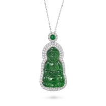 AN UNTREATED JADEITE JADE AND DIAMOND NECKLACE in 18ct white gold, the pendant set with a jadeite...