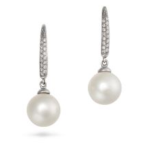 NO RESERVE - A PAIR OF PEARL AND DIAMOND DROP EARRINGS in 18ct white gold, each earring designed ...