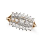 A DIAMOND DRESS RING in 18ct yellow gold, set with three rows of round brilliant cut diamonds, pa...