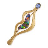A BOULDER OPAL AND SAPPHIRE BROOCH / PENDANT in yellow gold, the abstract brooch / pendant set wi...