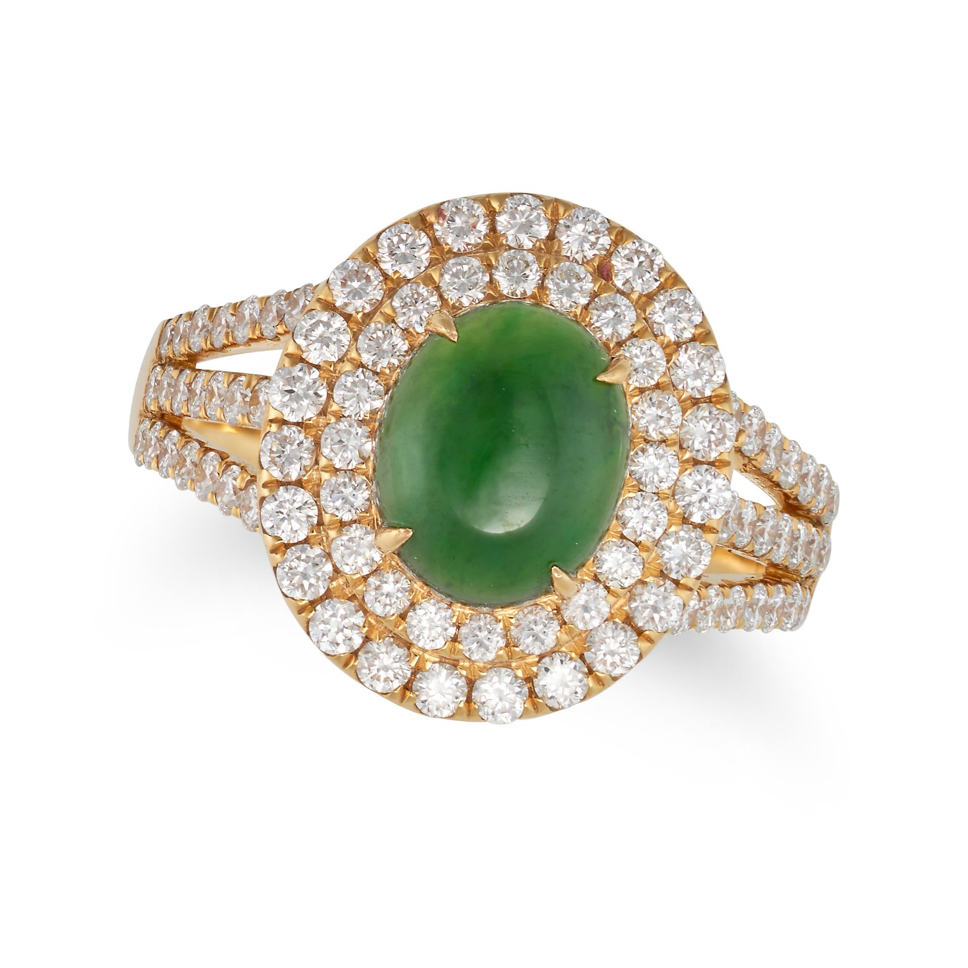 A JADEITE JADE AND DIAMOND RING in 18ct yellow gold, set with an oval cabochon jadeite jade of 1....