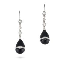 A PAIR OF DIAMOND AND ONYX DROP EARRINGS in 18ct white gold, each set with a row of rose and roun...