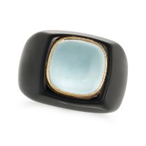 AN ONYX AND AQUAMARINE DRESS RING the ring carved from onyx, accented by a cabochon aquamarine, n...