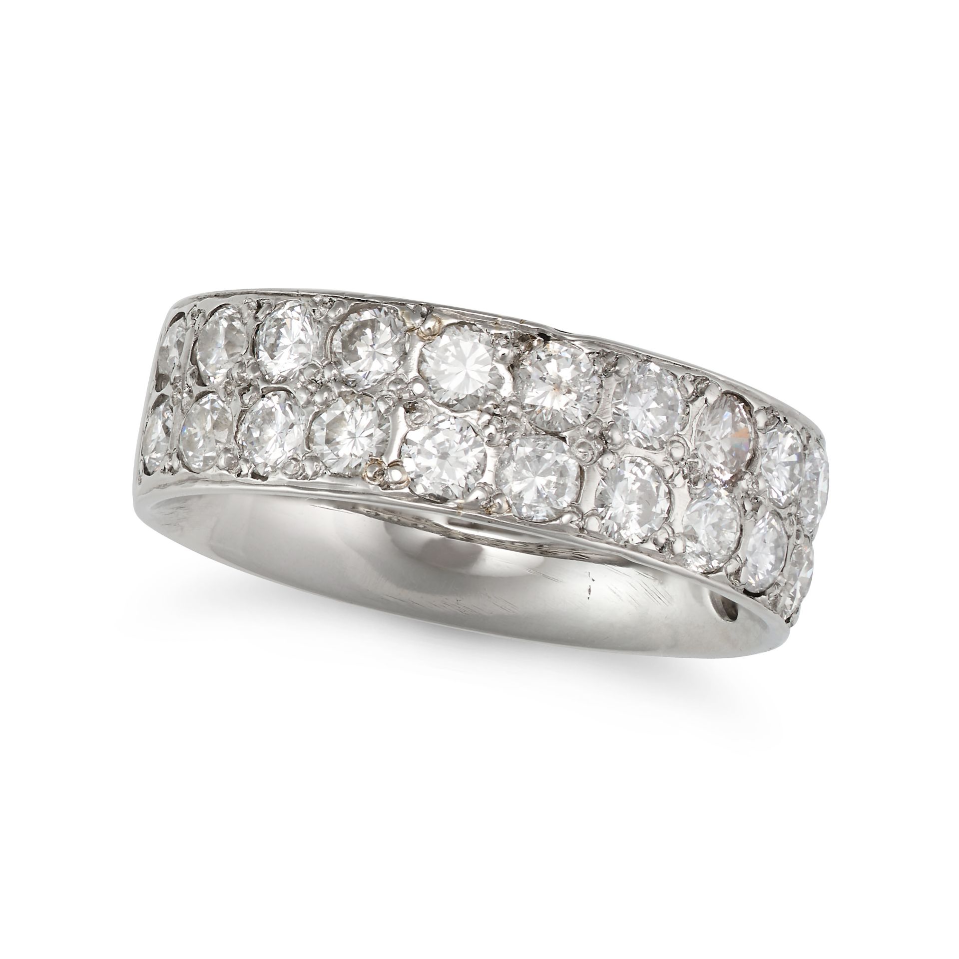 A DIAMOND HALF ETERNITY RING in platinum, set with two rows of round brilliant cut diamonds all t...