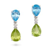 A PAIR OF BLUE TOPAZ, PERIDOT AND DIAMOND DROP EARRINGS in 18ct white gold, each set with a pear ...