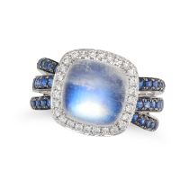 A RAINBOW MOONSTONE, SAPPHIRE AND DIAMOND RING in 18ct white gold, set with a cabochon rainbow mo...