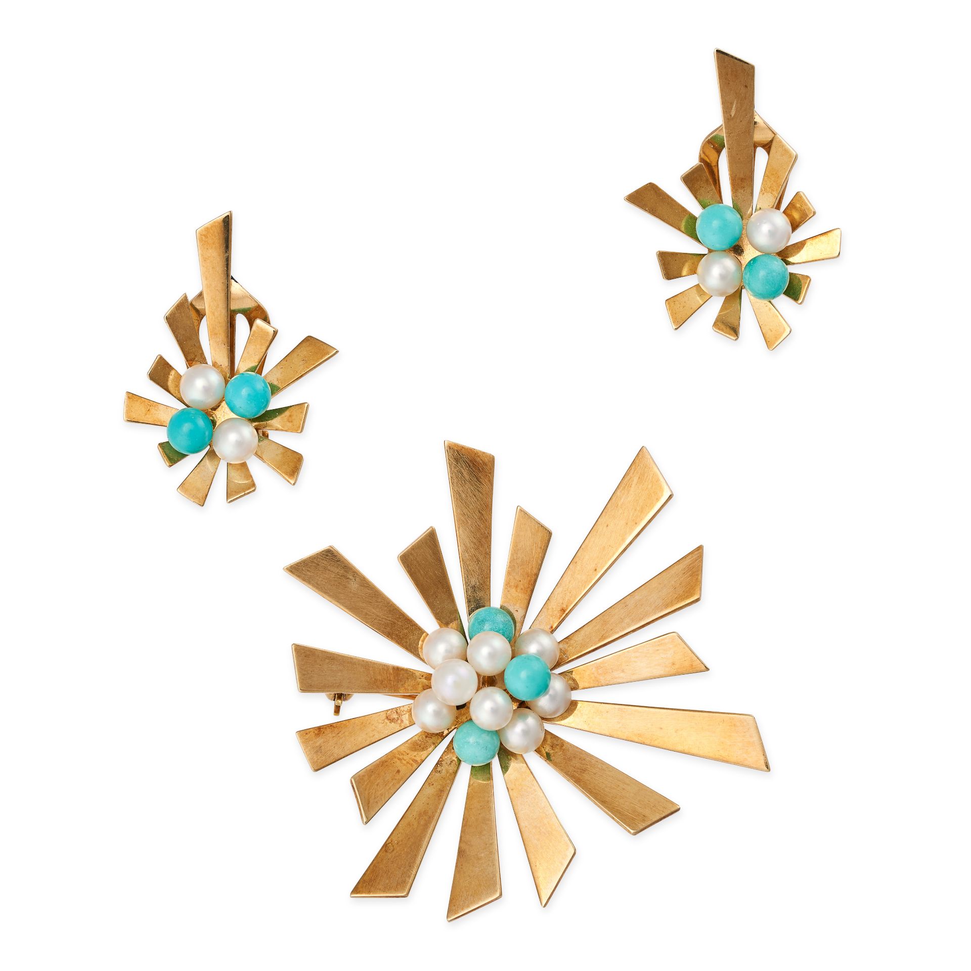 BRAEMER-JENSEN, A VINTAGE TURQUOISE AND PEARL BROOCH AND CLIP EARRINGS SUITE in 14ct yellow gold,...