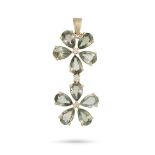 A GREEN SAPPHIRE AND DIAMOND FLORAL PENDANT in 14ct yellow gold, comprising a round brilliant cut...
