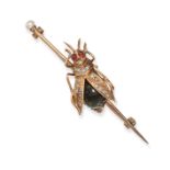 AN ANTIQUE HAWK'S EYE, PEARL AND GARNET BUG BAR BROOCH in yellow gold, the body set with a caboch...
