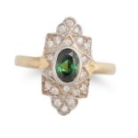 A GREEN TOURMALINE AND DIAMOND DRESS RING in 18ct yellow and white gold, the navette face set wit...