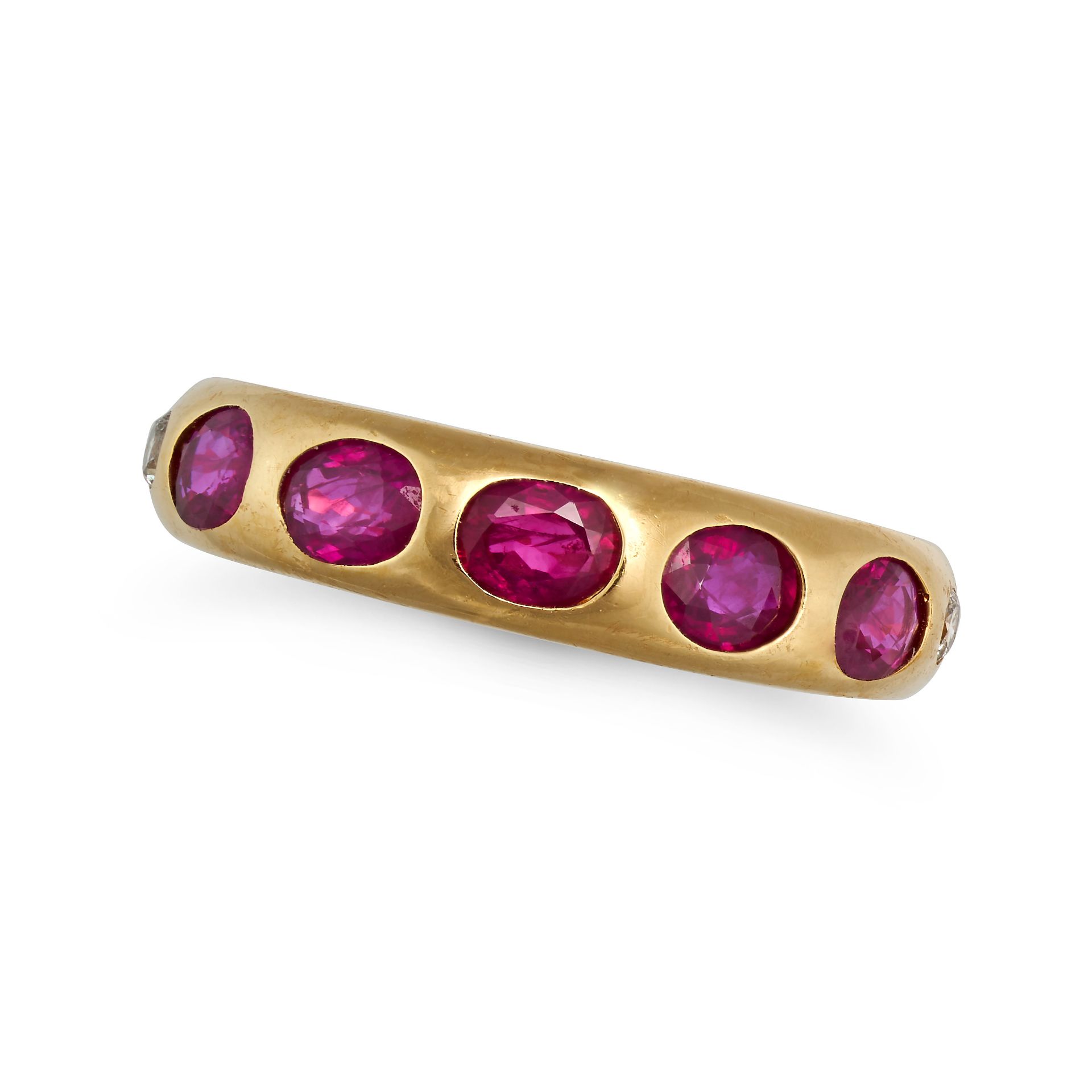 A RUBY AND DIAMOND BAND RING in 18ct yellow gold, set with five oval cut rubies all totalling 1.2...