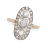 A DIAMOND DRESS RING in 18ct white and yellow gold, the oval face set with three round brilliant ...