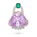 A KUNZITE, EMERALD AND DIAMOND PENDANT in 18ct white gold, set with a fancy cut kunzite of 39.47 ...