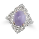 AN UNTREATED LAVENDER JADE AND DIAMOND RING in 18ct white gold, set with an oval cabochon lavende...