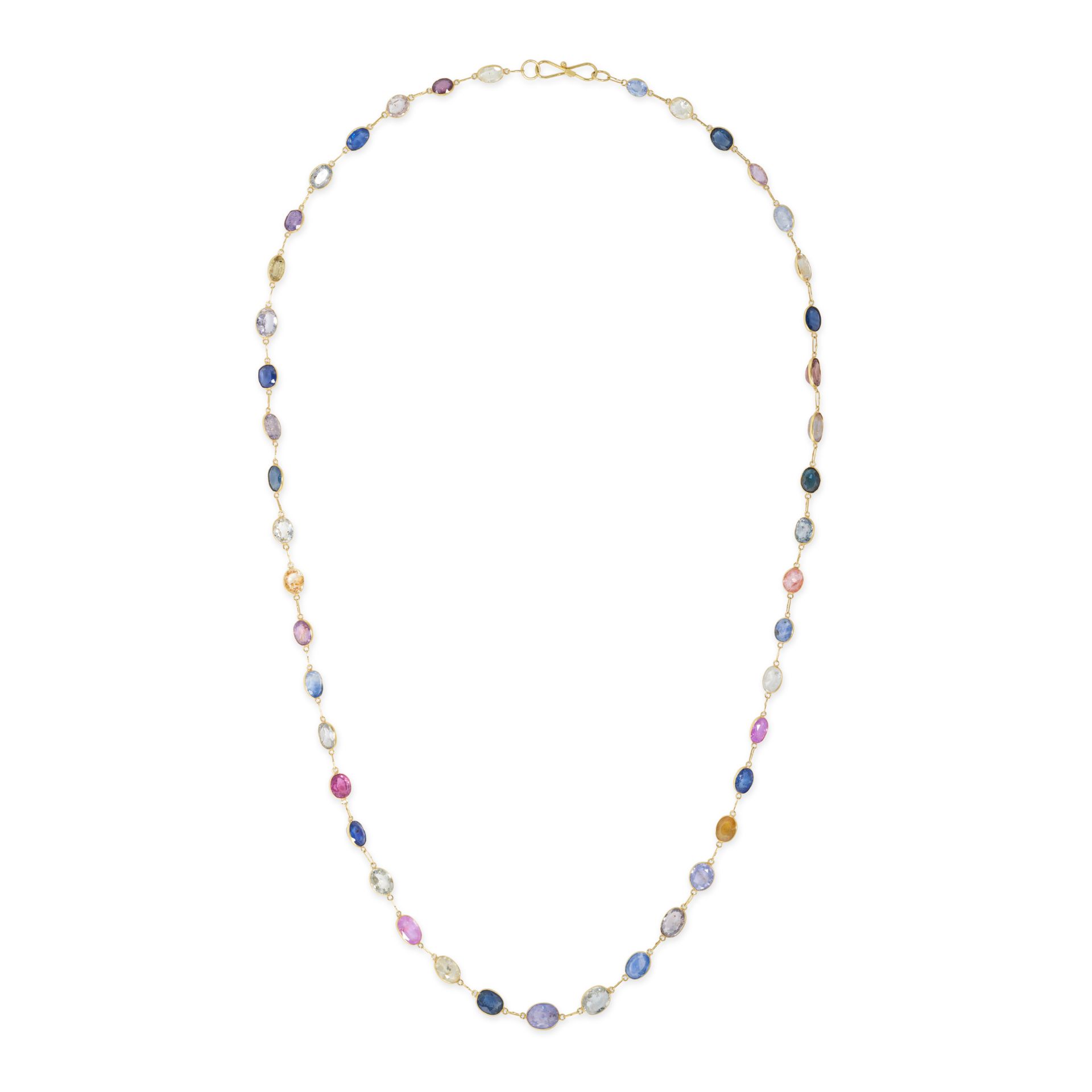 A MULTICOLOUR SAPPHIRE CHAIN NECKLACE in 14ct yellow gold, comprising a row of oval cut blue, yel...