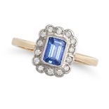 A SAPPHIRE AND DIAMOND CLUSTER RING in 18ct yellow gold, set with an octagonal step cut sapphire ...