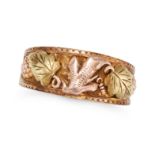 A GOLD VINE BAND RING in 14ct rose and yellow gold, the tapering band with applied grape vine mot...