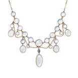 AN ANTIQUE MOONSTONE AND SAPPHIRE FESTOON NECKLACE in yellow gold, set with a row of round caboch...