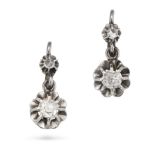 A PAIR OF FRENCH DIAMOND DROP EARRINGS in 18ct white gold, each set with a rose cut diamond suspe...