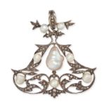 A PEARL AND DIAMOND PENDANT in silver, the openwork pendant set with rose cut diamonds, accented ...
