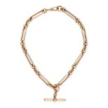 AN ANTIQUE GOLD ALBERT CHAIN NECKLACE in 9ct yellow gold, comprising a row of trombone links with...
